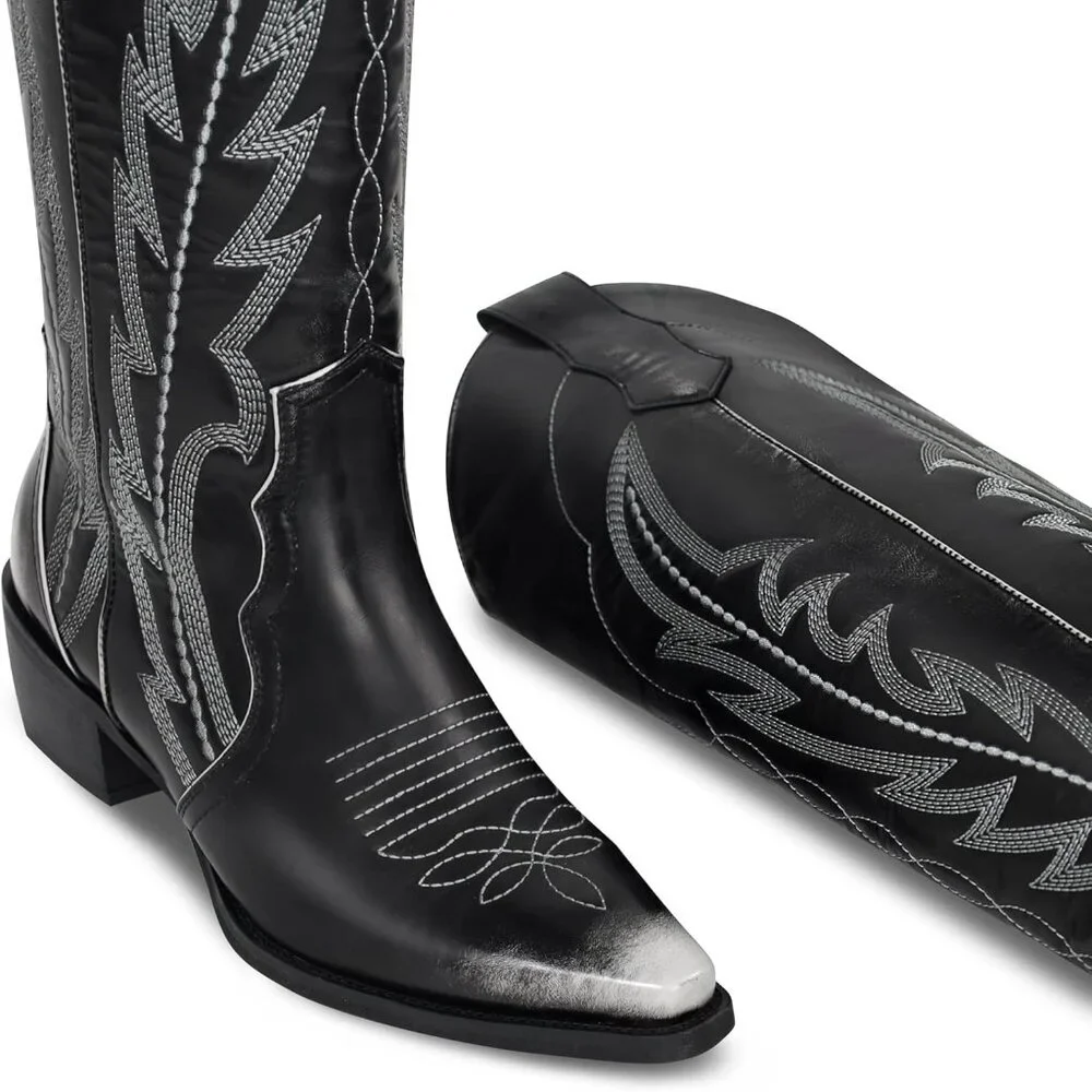Women Silver Faux Leather Knee High Cowgirl Boots with Pointed Toe Block Heel